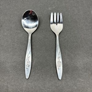 Vintage Evenflo Lasting Rose Baby Toddler Child Spoon Fork Stainless Taiwan 4.5"